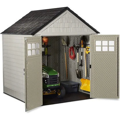 Rubbermaid 7 ft. x 7 ft. Sand-Colored Resin Garden Shed  Includes Windows and Utility Hooks