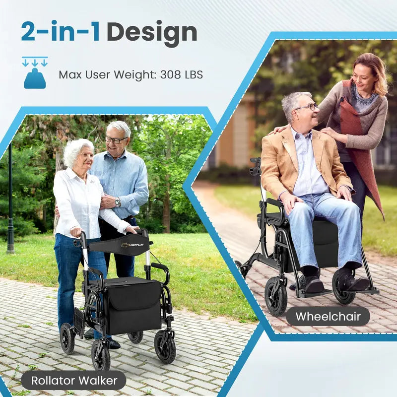 Convertible Rollator Walker and Transport Wheelchair  Foldable Dual-Function Mobility Aid with Locking Brakes