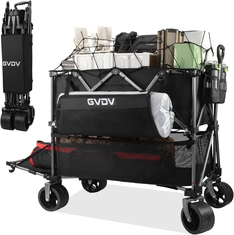 46″ Extended Foldable Double-Decker Cart  500 lb Capacity All-Terrain Utility Wagon with Reinforced Frame