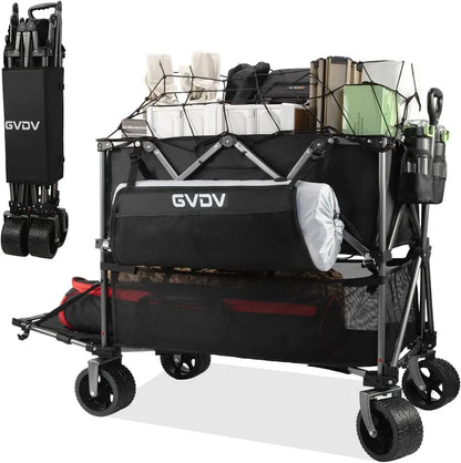 46″ Extended Foldable Double-Decker Cart  500 lb Capacity All-Terrain Utility Wagon with Reinforced Frame