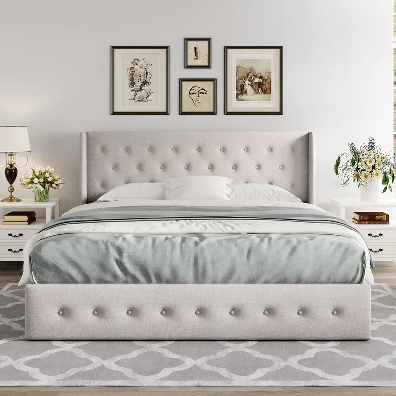 Allewie Modern Hydraulic Lift Queen Storage Bed  Wingback Headboard, Light Beige