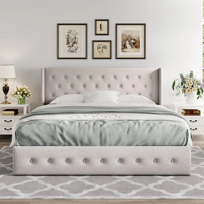 Allewie Modern Hydraulic Lift Queen Storage Bed  Wingback Headboard, Light Beige