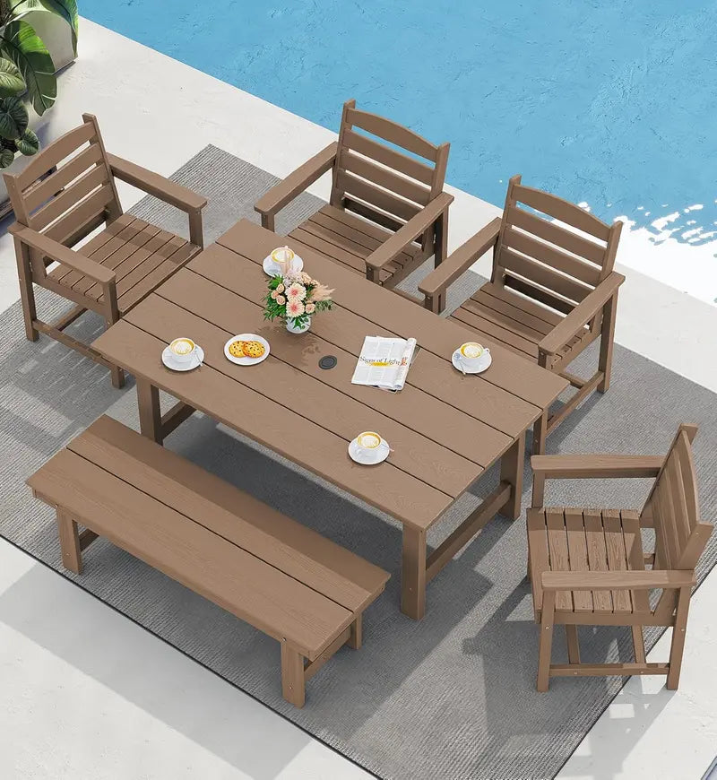 SERWALL 7-Piece Blue HDPE Outdoor Dining Set with Umbrella Hole and Stackable Chairs