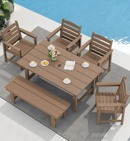 SERWALL 7-Piece Blue HDPE Outdoor Dining Set with Umbrella Hole and Stackable Chairs