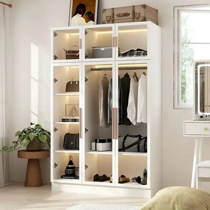 LED-Lit Glass Armoire  47.2″ Wide Wardrobe with Full-Glass Doors