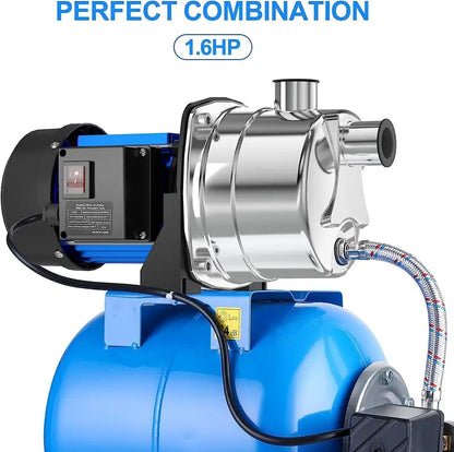 1.6 HP Stainless Steel Shallow Well Jet Pump  1268 GPH, Includes Pressure Tank for Irrigation & Drainage