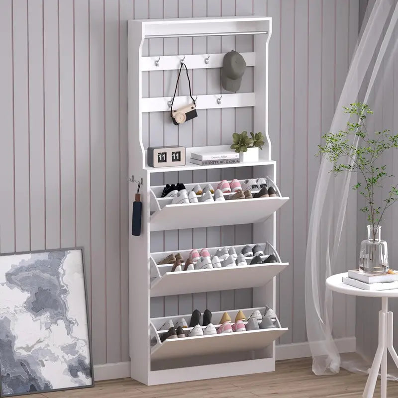 Discreet Freestanding Wood Shoe Cabinet with Three Concealed Flip Drawers