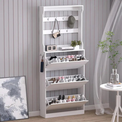Discreet Freestanding Wood Shoe Cabinet with Three Concealed Flip Drawers