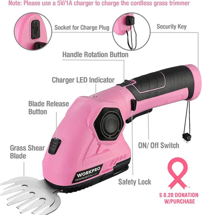 WORKPRO 7.2V Cordless 2-in-1 Hedge & Grass Trimmer  Handheld Electric Trim Tool with Pink Ribbon Design