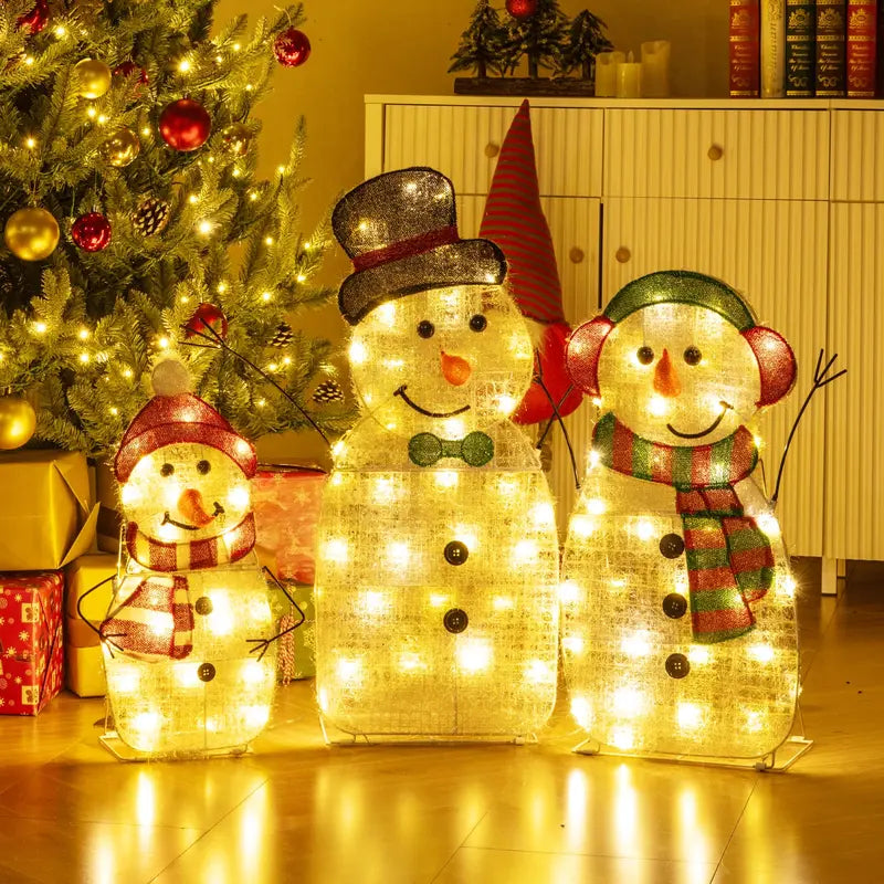 Lighted Snowman Family Set  Flat-Style Pre-Illuminated Christmas Decor with Classic Winter Charm