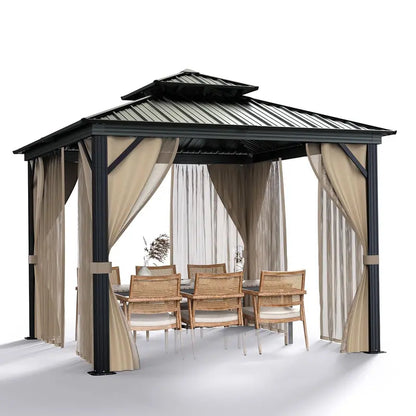 10×10 ft All-Weather Hardtop Gazebo  Double-Tier Aluminum Frame, Mesh Netting, Side Curtains, Khaki Finish