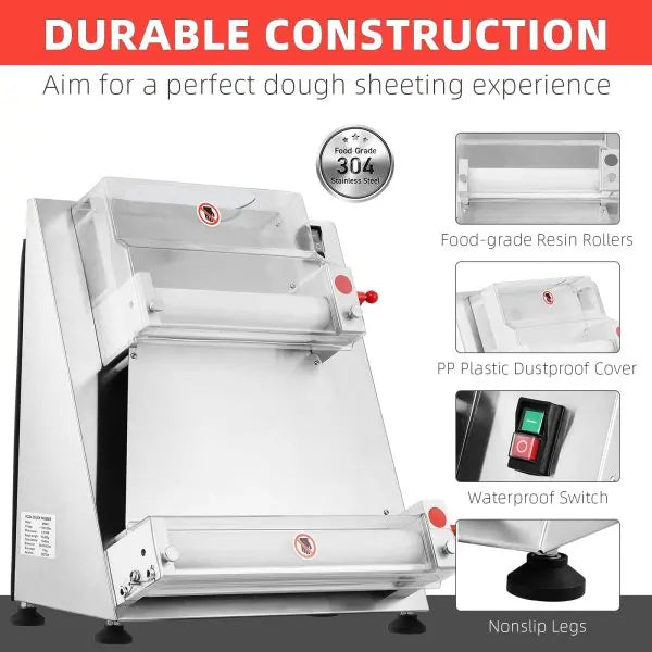 Automatic Stainless Steel Pizza Dough Sheeter  16-Inch Max Width, 370W Electric Roller