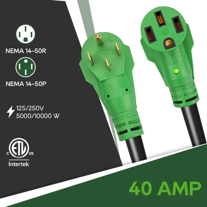 100-Foot NEMA 14-50P/R RV/EV Extension Cord  40A Heavy-Duty Cable with LED Power Indicator & Built-in Organizer (Green)