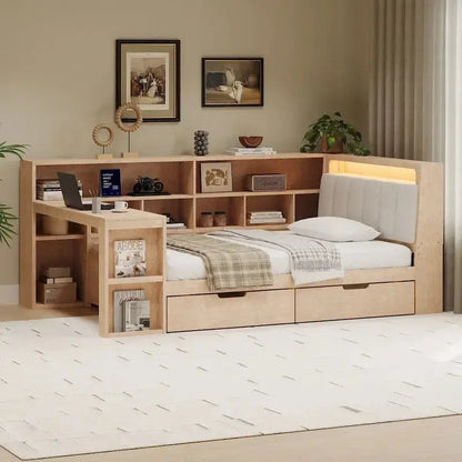 L-Shaped Upholstered Sofa Daybed with Built-in Desk, Bookcase, LED Headboard, and Under-Bed Storage