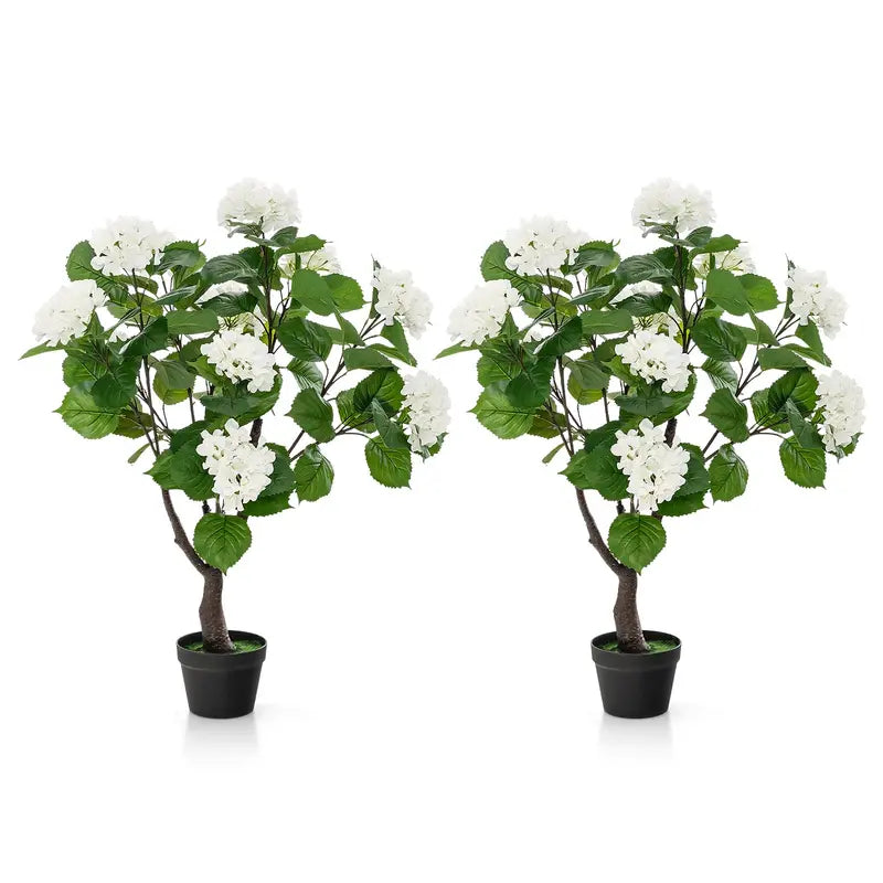 Set of 2 Artificial Hydrangea Trees  Lifelike 11-Bloom Arrangements in Plastic Nursery Pots