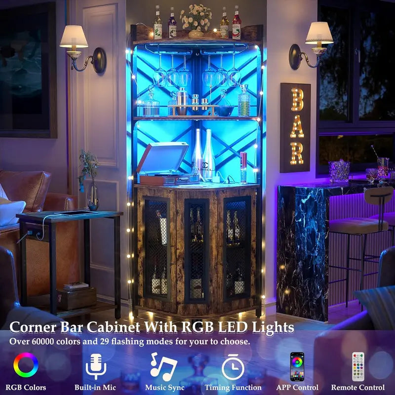 Aheaplus Industrial-Style Corner Bar Cabinet with LED Lighting, Power Outlet & Glass Rack  5-Tier White Oak Liquor Storage Unit for Compact Spaces