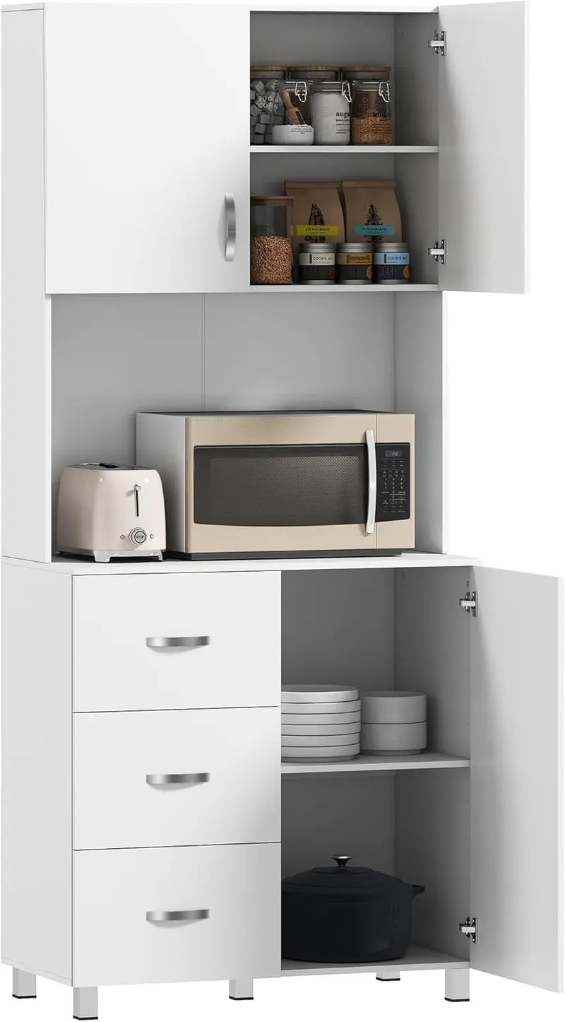 White Freestanding Kitchen Pantry with Open Countertop, Three Drawers, and Adjustable Interior Shelf—Functional Microwave and Storage Solution