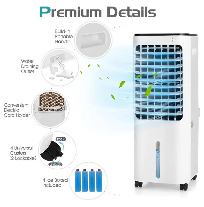 Portable Evaporative Air Cooler with LED Display, 12L Tank, 4 Ice Packs & 7.5-Hour Timer  Bladeless Design for Bedrooms and Living Spaces