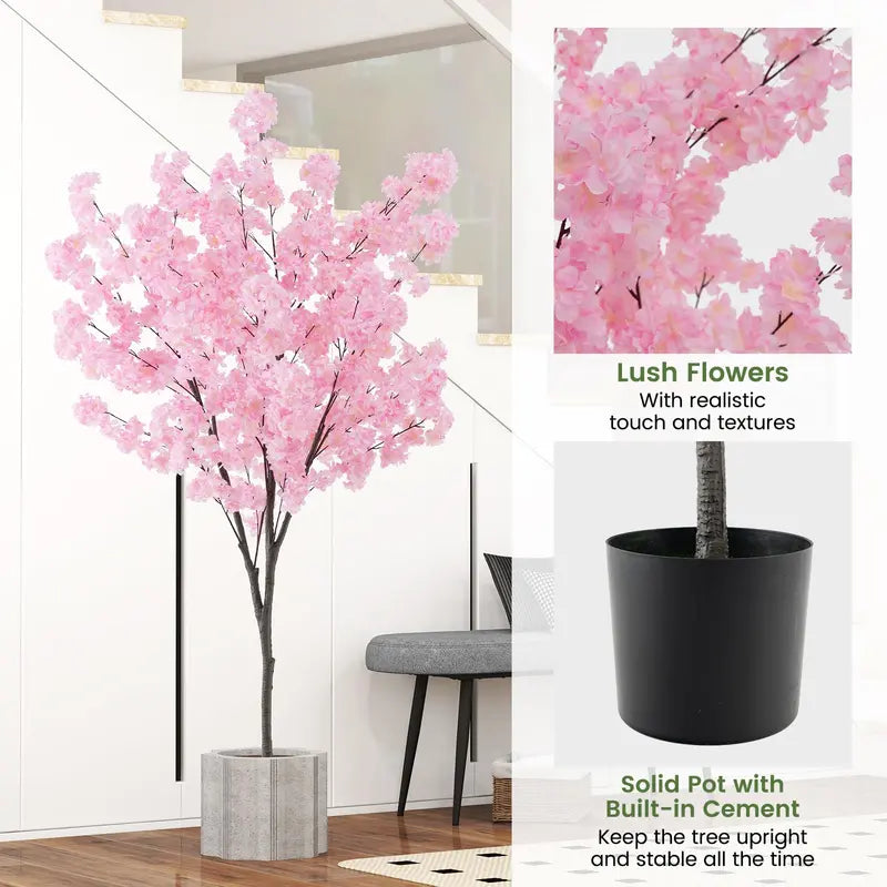 6.5-Foot Artificial Cherry Blossom Tree  Pink Blooming Faux Plant in Cement Planter