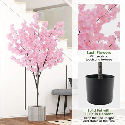 6.5-Foot Artificial Cherry Blossom Tree  Pink Blooming Faux Plant in Cement Planter