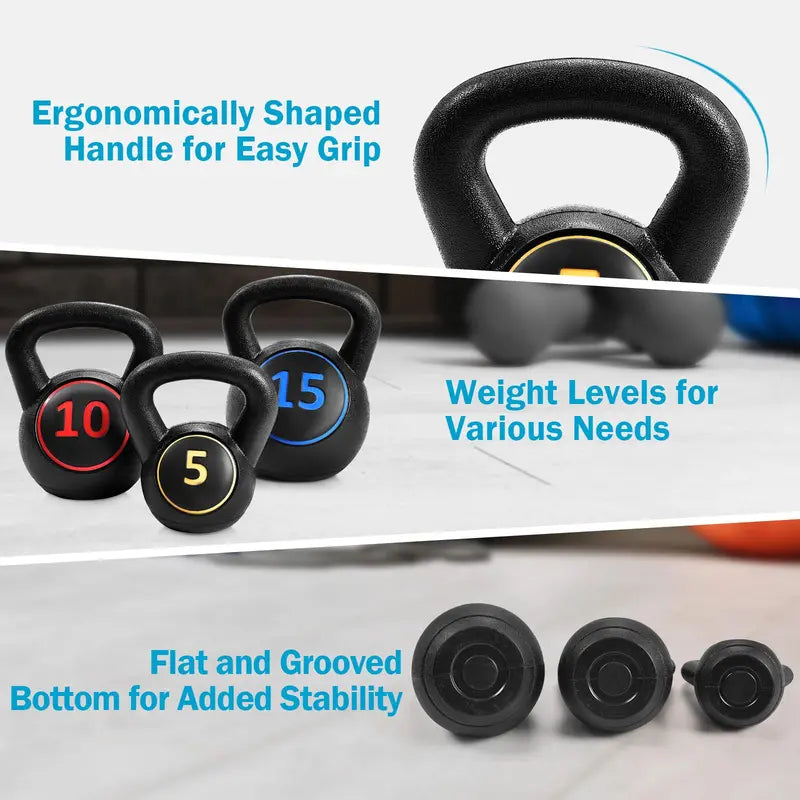 Three-Piece Kettlebell Set  HDPE-Coated Weights (5, 10, 15 lbs) for Home Fitness