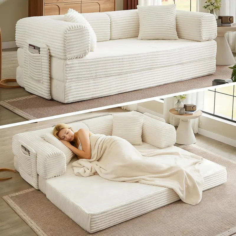 White Boneless Folding Sofa  81″ Corduroy Futon Couch Bed with Fixed-Shape Design for Small Spaces