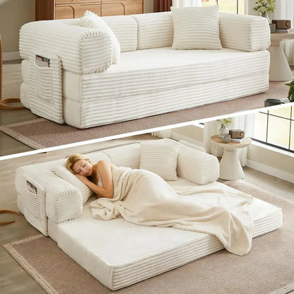 White Boneless Folding Sofa  81″ Corduroy Futon Couch Bed with Fixed-Shape Design for Small Spaces
