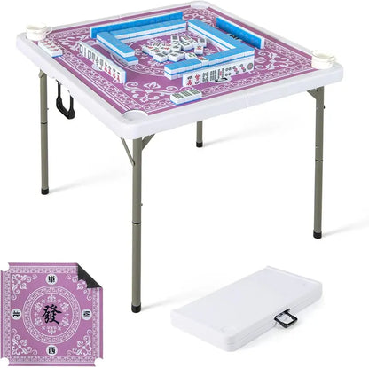 Mahjong-Friendly Folding Card Table — 35-Inch Square HDPE Surface with Cup Holders & Mat