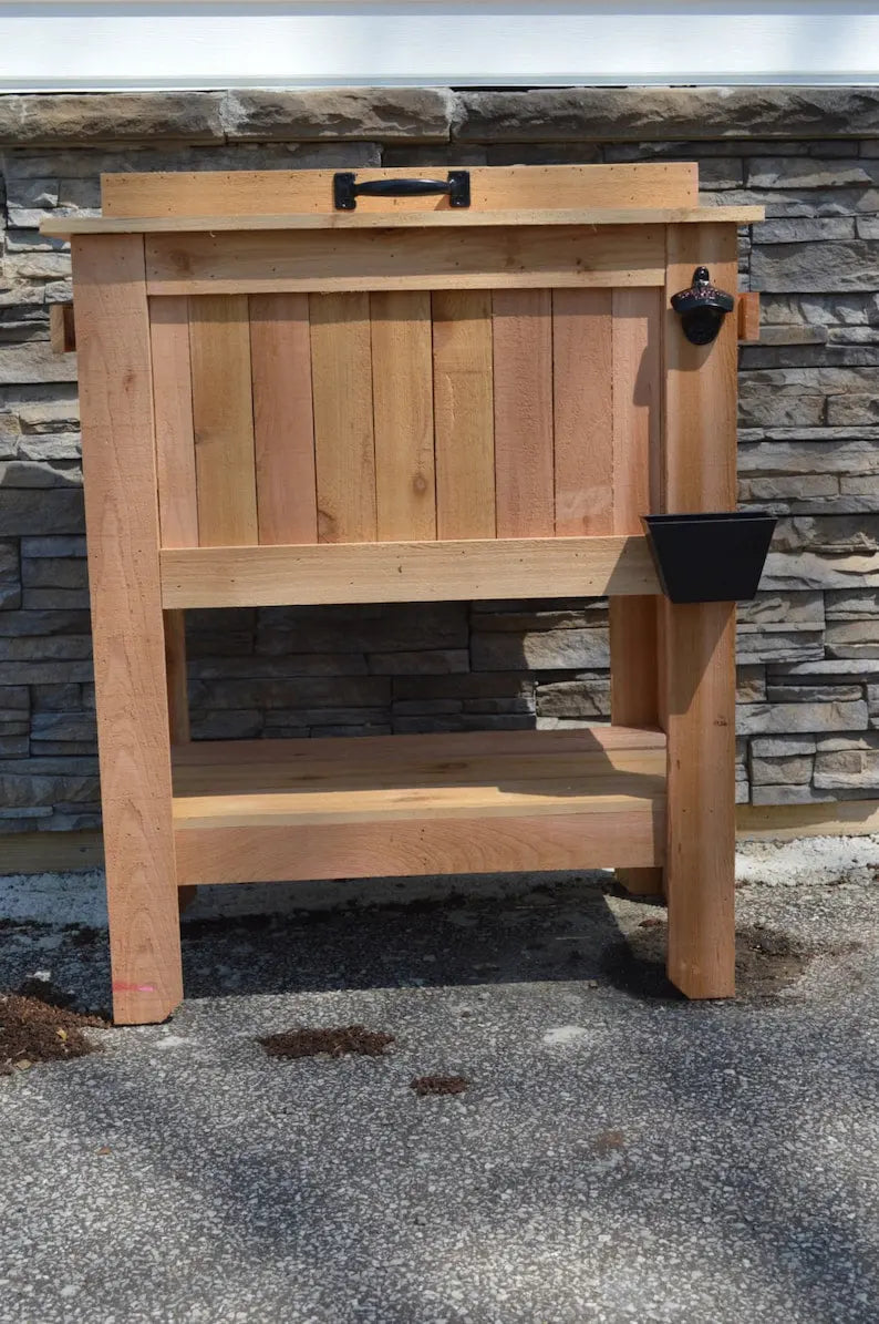All-Weather 48-Quart Antiqued Cedar Beer Cooler Stand with Brass Drain and Bottle Opener