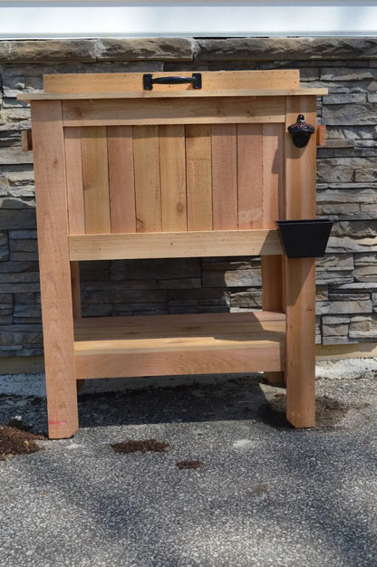 All-Weather 48-Quart Antiqued Cedar Beer Cooler Stand with Brass Drain and Bottle Opener