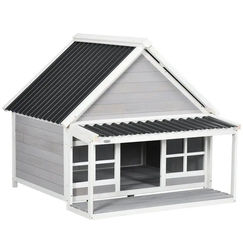 PawHut Wooden Dog House Outdoor with Porch, Cabin Style Raised Dog Shelter with PVC Roof, Front Door, Windows, for Large Medium Sized Dog