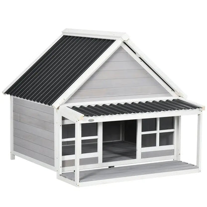 PawHut Wooden Dog House Outdoor with Porch, Cabin Style Raised Dog Shelter with PVC Roof, Front Door, Windows, for Large Medium Sized Dog