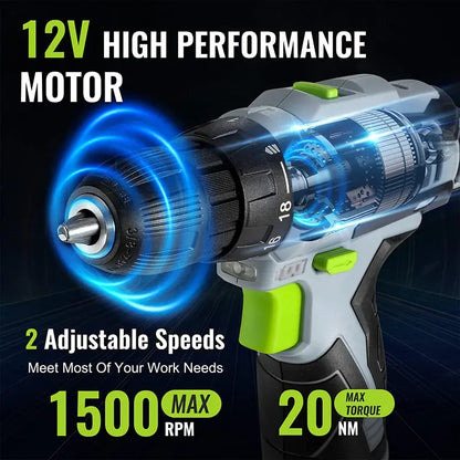 WORKPRO 12V Keyless Chuck Cordless Drill Driver with Charger and Carry Bag