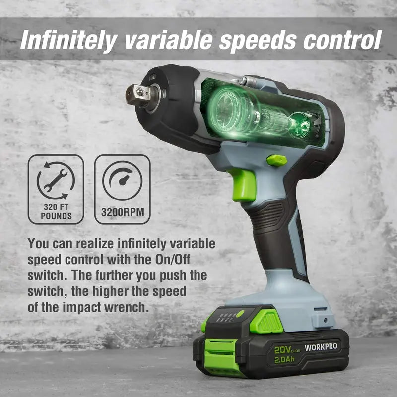 WORKPRO 20V Cordless Impact Wrench with Fast Charger & Belt Clip