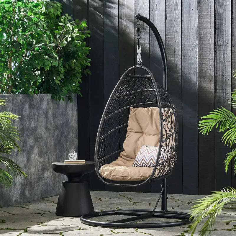 Coloma Foldable Hanging Chair with Wicker & Rope Design  Includes Freestanding Base