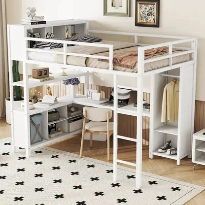 Off-White Metal Loft Bed with Under-Bed Desk and Closet Integration  Full-Size Space-Saving Solution