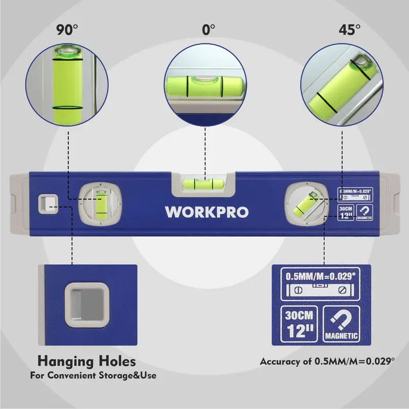 WORKPRO Triple-Length Spirit Level Set  12″, 20″, and 40″ Aluminum Levels