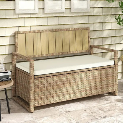 DWVO 70-Gallon All-Weather Storage Bench  Sand Beige Wicker Deck Bench with Cushion and Composite Wood Backrest