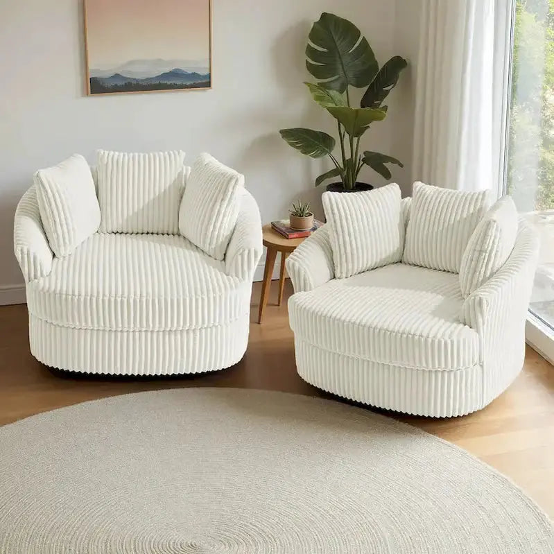 Set of Two Plush Corduroy Swivel Barrel Chairs  43¡å Wide with Decorative Pillows