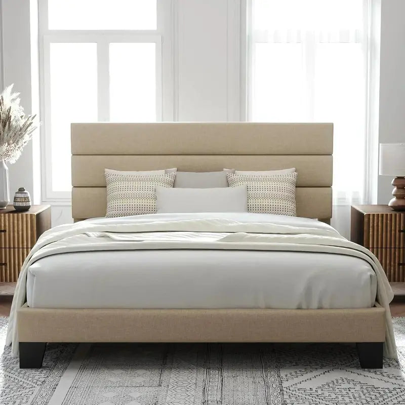 Allewie King Platform Bed Frame  Velvet-Upholstered Headboard with Solid Wood Slats