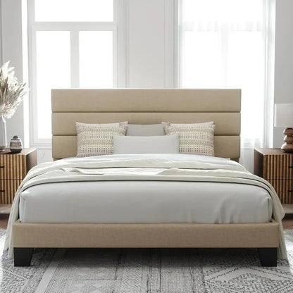 Allewie King Platform Bed Frame  Velvet-Upholstered Headboard with Solid Wood Slats