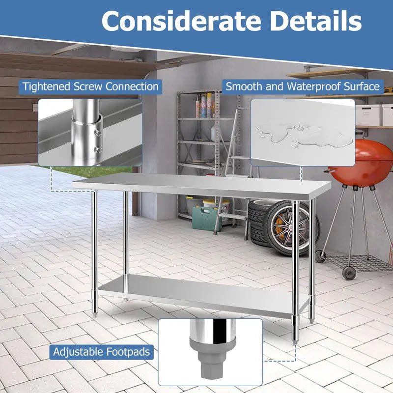 24″ x 60″ Stainless Steel Kitchen Prep Table with Adjustable Under-Shelf and Leveling Feet