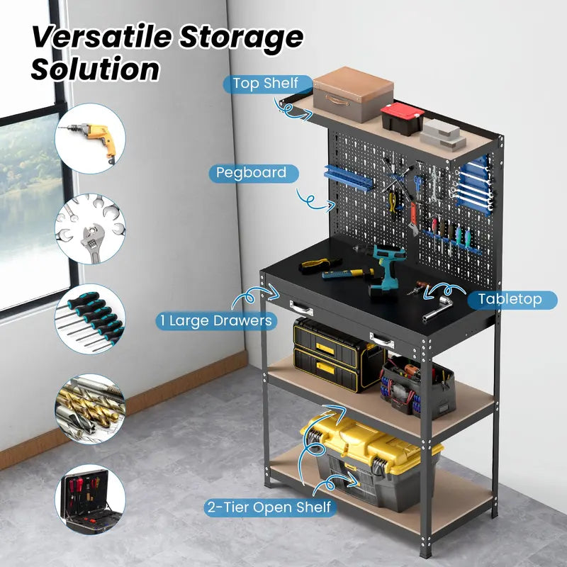 Compact 32″ x 16″ Workbench with Pegboard, Dual Shelves, and Worktop