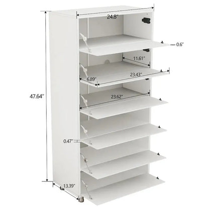 Mirror-Front Shoe Cabinet — 6 Flip-Down Drawers, Metal Frame, Touch-Activated Doors