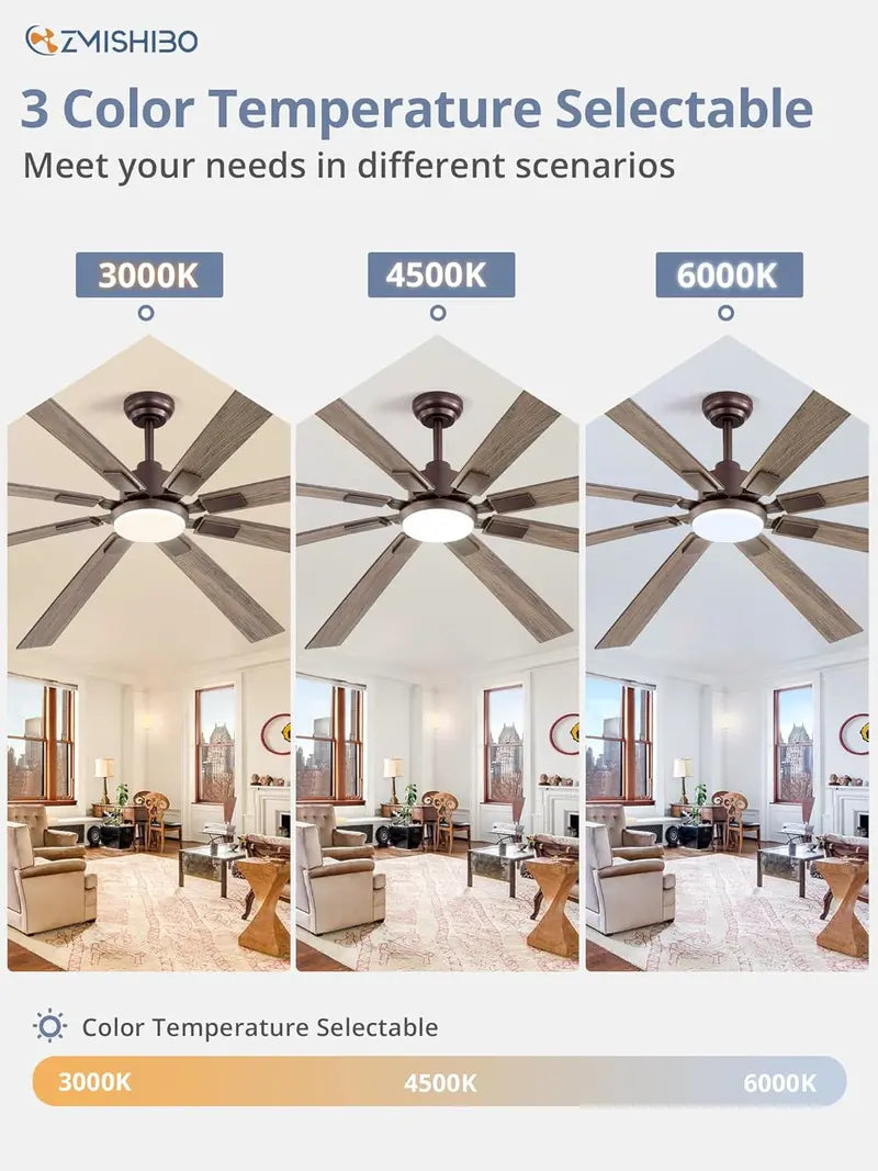 ZMISHIBO 72-Inch Dual-Finish Ceiling Fan with Integrated Light & Remote | Indoor/Outdoor Quiet DC Motor, 6-Speed Reversible, 3-CCT Adjustable Lighting, 8-Blade Modern Design