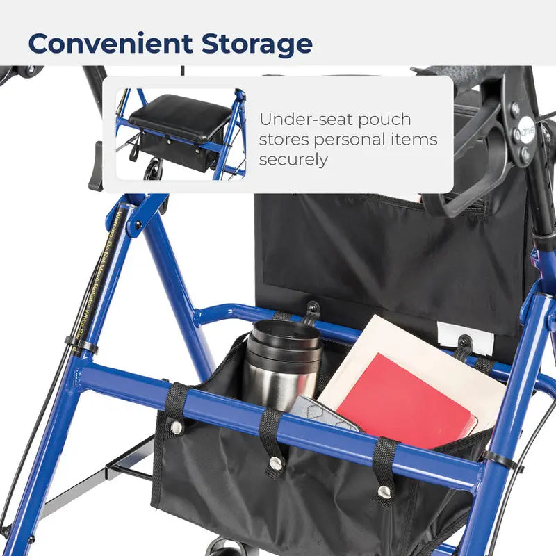 Drive Medical 4-Wheel Rollator Walker  Foldable Design with Padded Seat & Backrest, 6″ Wheels, Durable Blue Frame