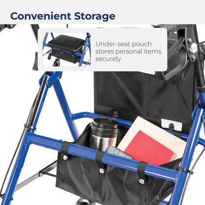 Drive Medical 4-Wheel Rollator Walker  Foldable Design with Padded Seat & Backrest, 6″ Wheels, Durable Blue Frame
