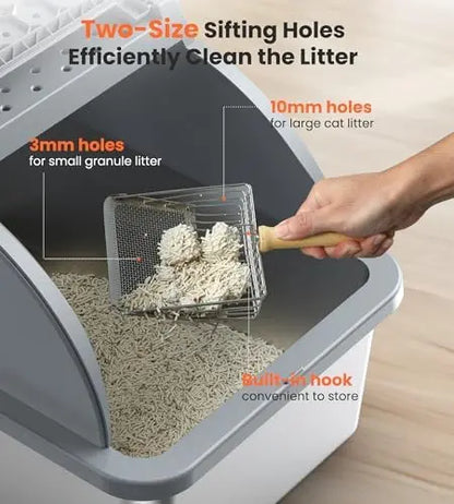 XXL Stainless Steel Cat Litter Box with Dual Entrance, Covered & High Walls, Includes Litter Scoop