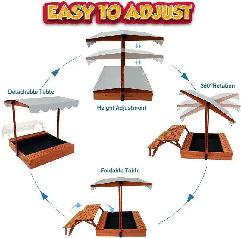 Wooden Outdoor Sandbox with Lid & Picnic Table  Foldable Sandpit with Protective Cover