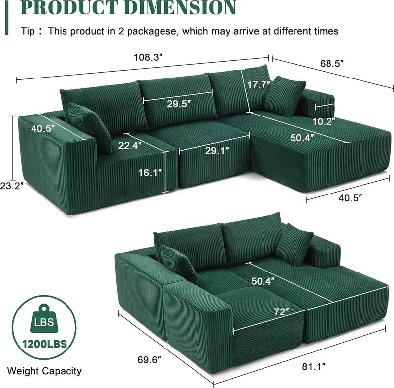 108-Inch Modern Cloud Sectional Sofa  Deep-Seated L-Shaped Design with Plush Upholstery